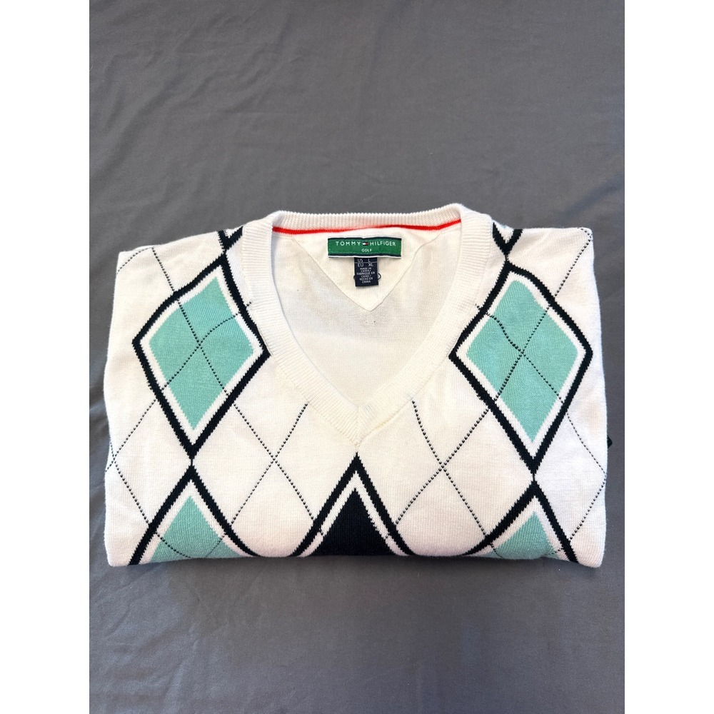 Tommy Hilfiger Golf Mens Argyle V-Neck Sweater White Teal Navy Blue Large